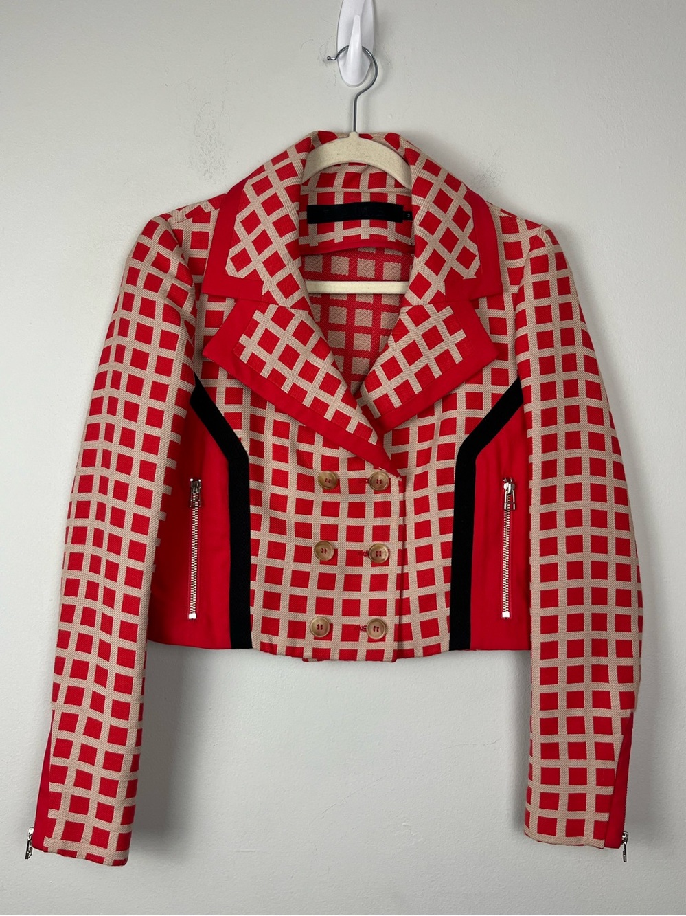 L.A.M.B Red Checkered Crop Double Breasted Jacket Size 2 As Seen On TV Y2K